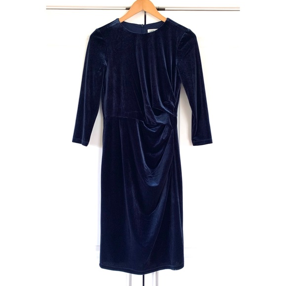 Eliza J Dress Navy Velvet Cocktail Sheath Gathered Waist 3/4 Sleeve Party Size 6 - Picture 9 of 9
